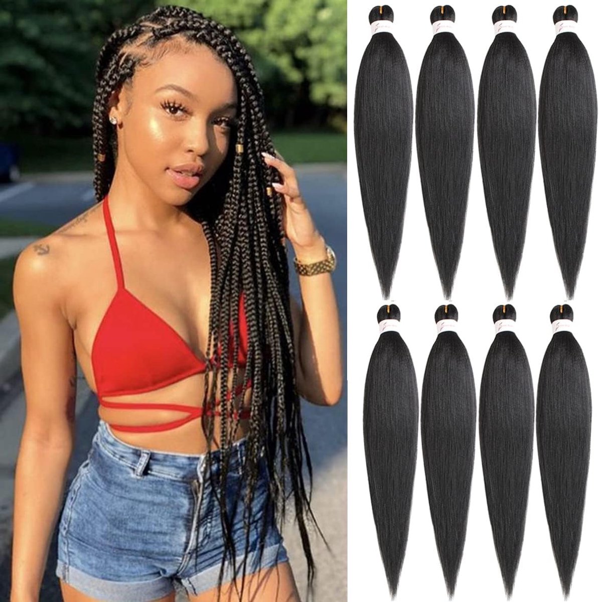 SnelShoppen - 8x Vooraf Gestrekte Vlecht Haar Extensions Yaki Textuur Kanekalon 76cm Zwart 1B# - Perfect voor Vlechten en Haarkunst