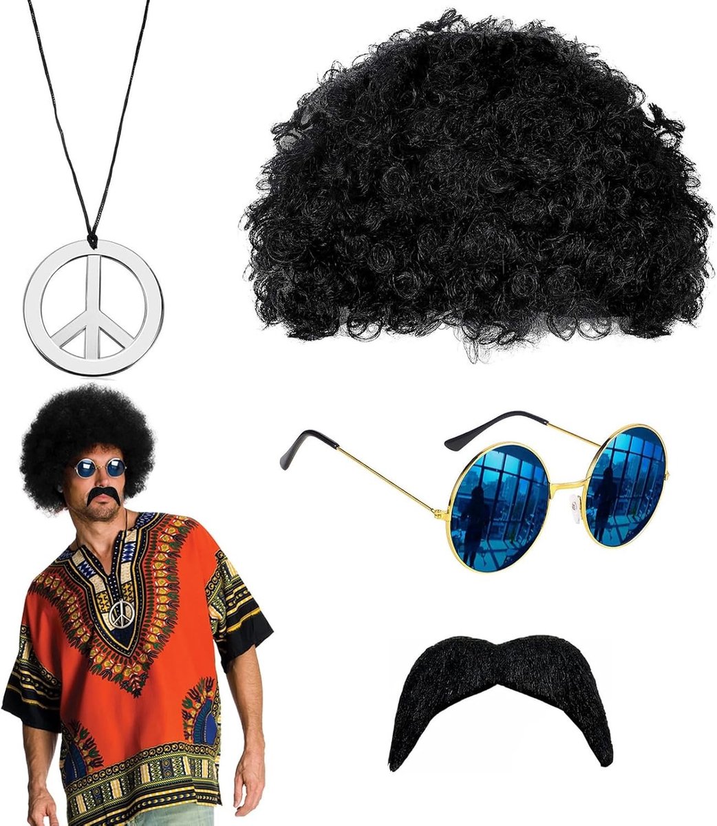 Hippie Kostuum Set voor Mannen met Afro Perk, Zonnebril, Snor en Vredesketting voor 70s Themafeest