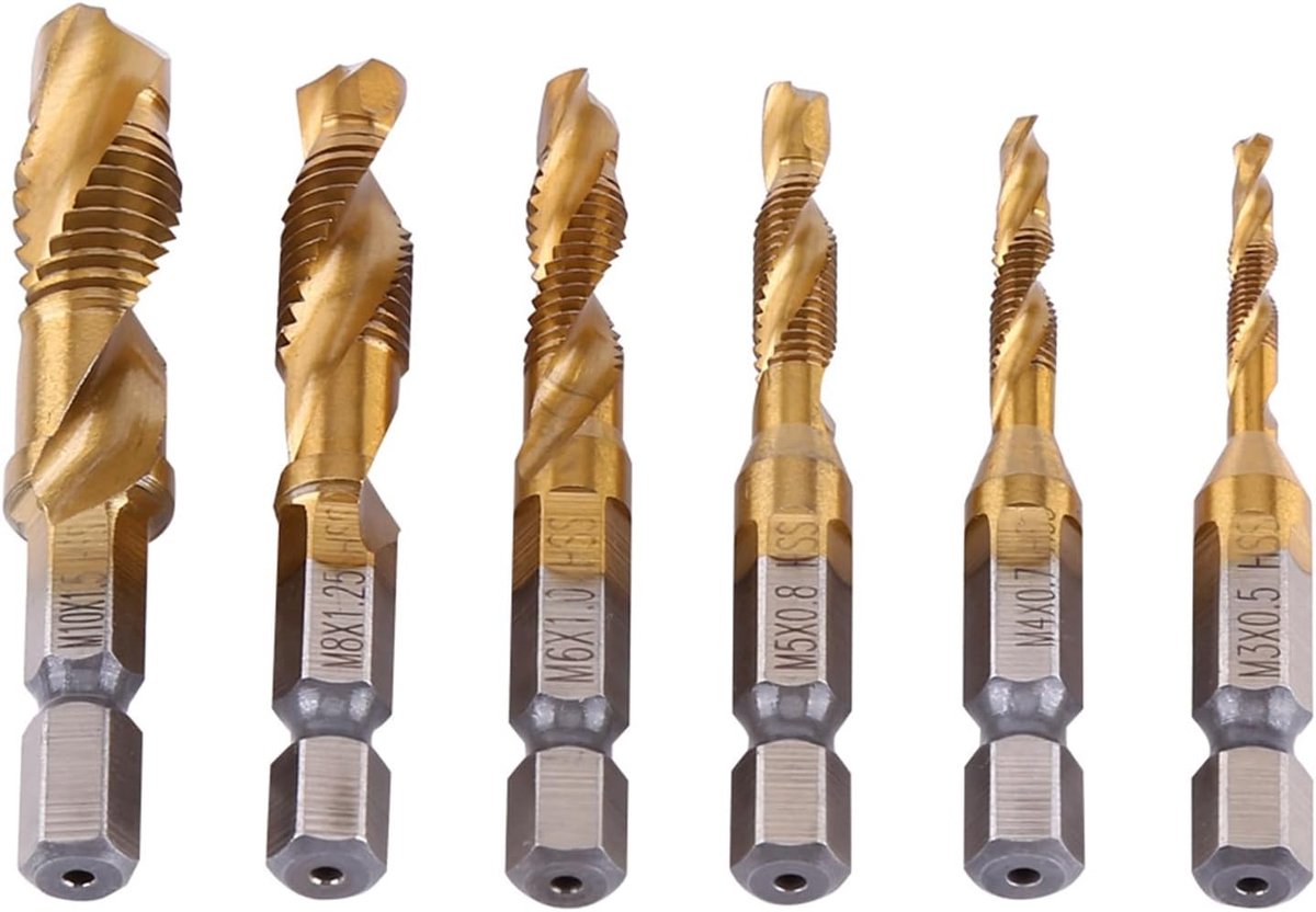 SnelShoppen - Spiral Boor Set, 6 Stuks HSS Draadboren, Metrische Draad M3-M10, 6.35mm Hex Shank, Gecoat, Voor Precisie Boren en Draad Snijden