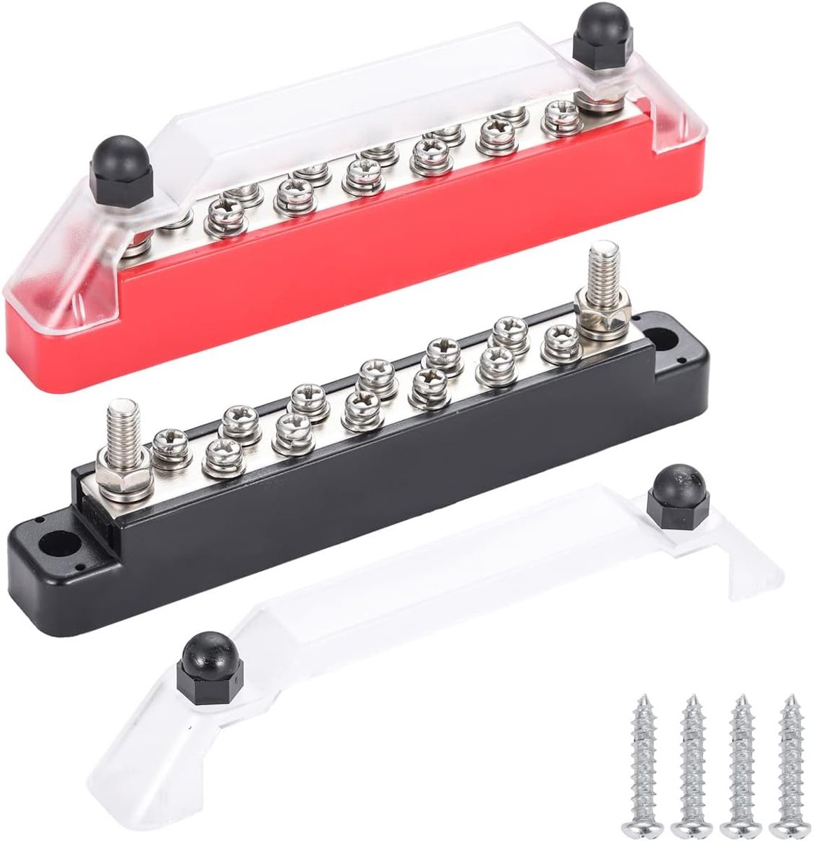 SnelShoppen - 12V Power Distribution Block met 2 x 1/4" (M6) Terminal Bouten en 12 x M4 (#8) Terminal Schroeven, Busbar Terminal Blok, Positieve en Ne