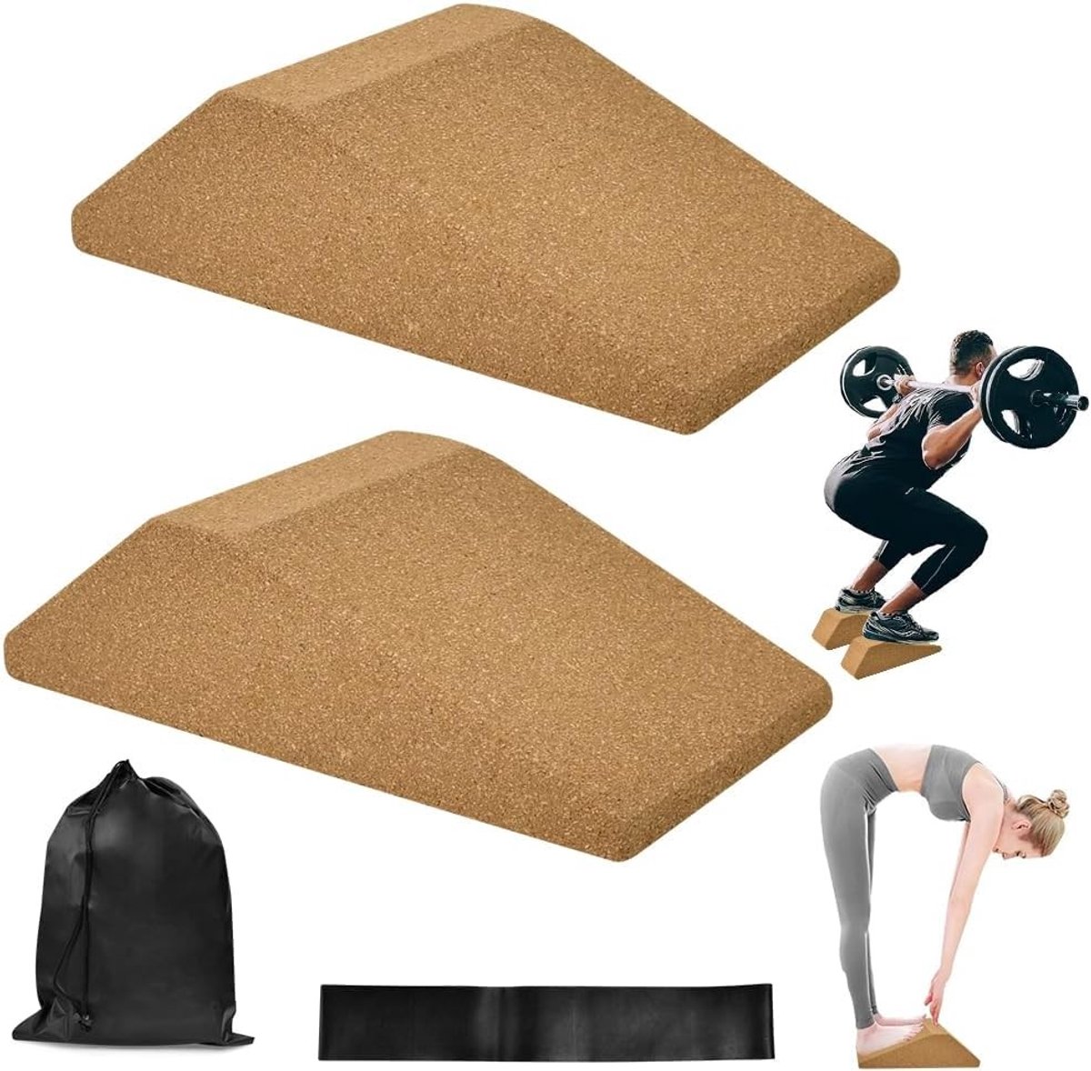 SnelShoppen - Set van 2 kurkkniebuigingen, kuitstretcher, antislip yogablok, kurk, verhoogde hiel, voetsteun, kniebeschermers voor spierrekoefeningen