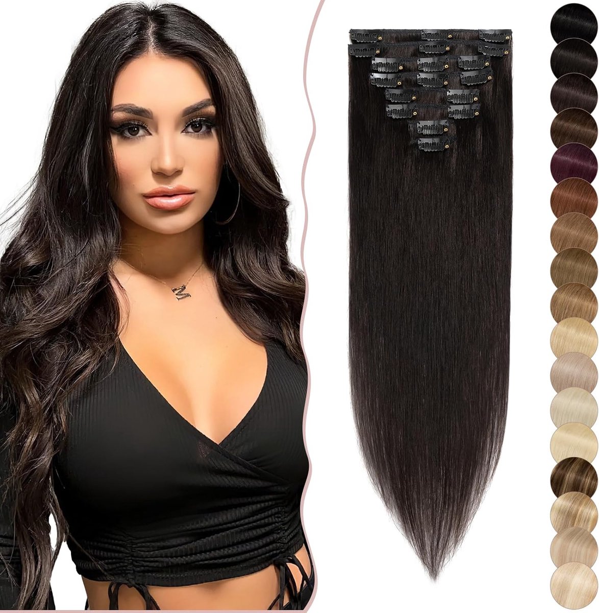 Clip-In Haarextensions 50 cm - 100% Remy Haar - Natuurlijk Zwart #1B - Voor Volumineus Haar - ShopVlot