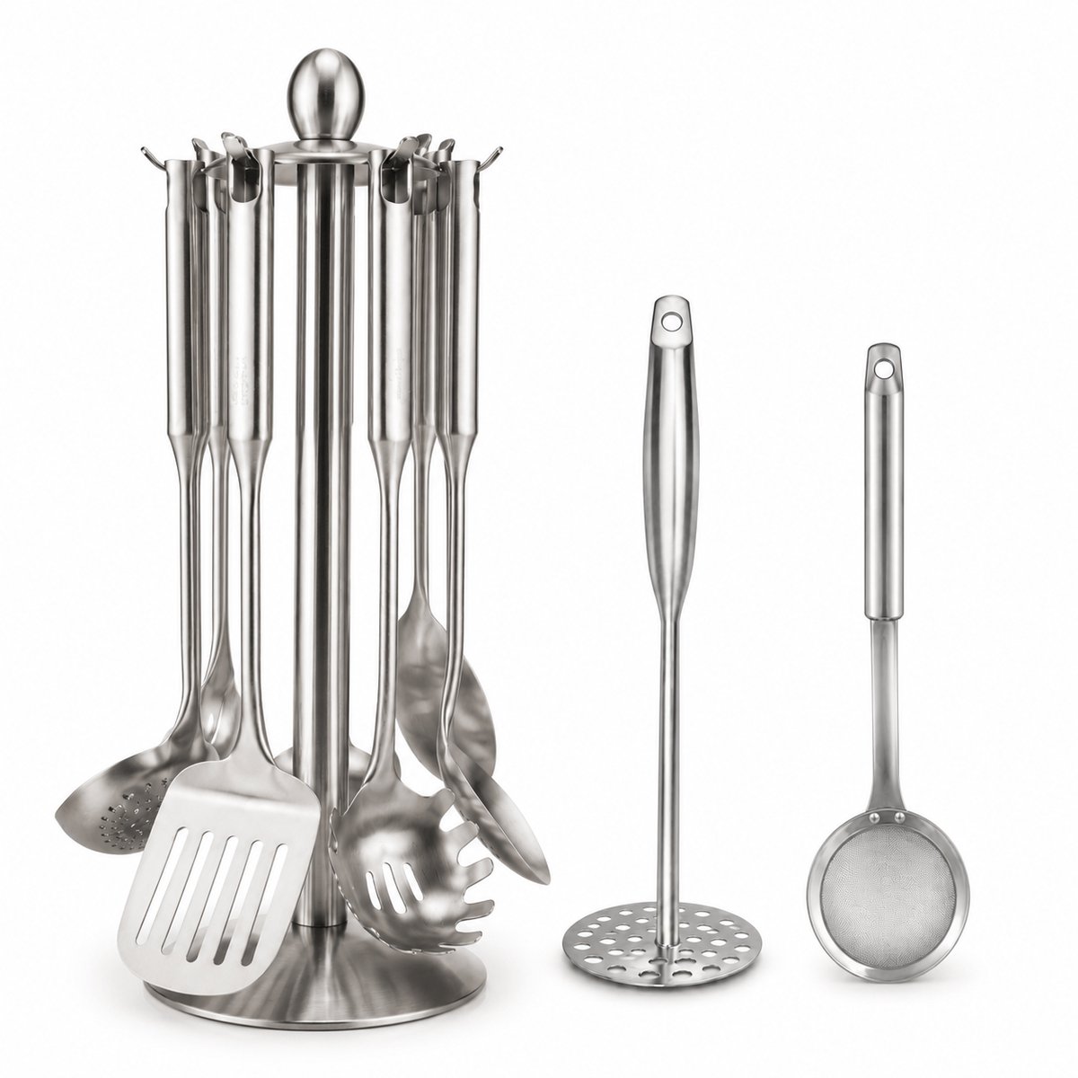 My Green Deal - Keukengerei Set XL – 9-delig – 304 RVS – Met Houder, Pureestamper en Zeefspaan
