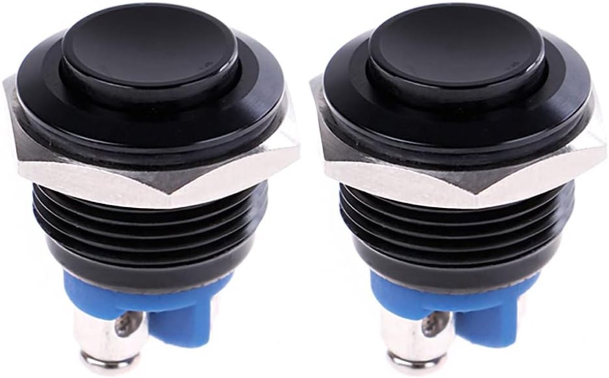 SnelShoppen - 2Pcs 16mm Momentary Drukknop Schakelaar Zwart Metaal 1NO SPST 3A/12-250V voor Industrie en Auto - 5/8 Inch