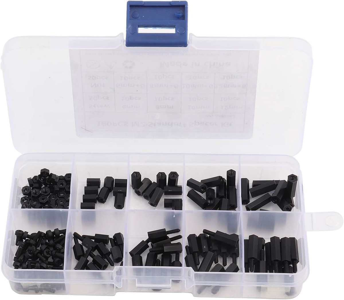 SnelShoppen - 180-delige Standoff Schroeven M2 Set - Nylon Schroeven, Moeren, Hex Spacers en Gereedschap met Opbergdoos - Zwart, Voor Elektronica en M