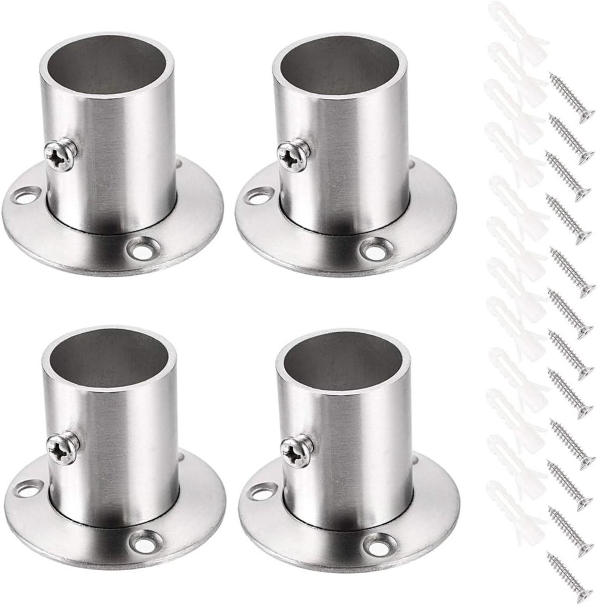 SnelShoppen - Set van 4 Girdynrod Houder, Steun voor Rail, Rod Sleeve, Flens Set, RVS, Eindsteun voor Gordijnkast, Zilver
