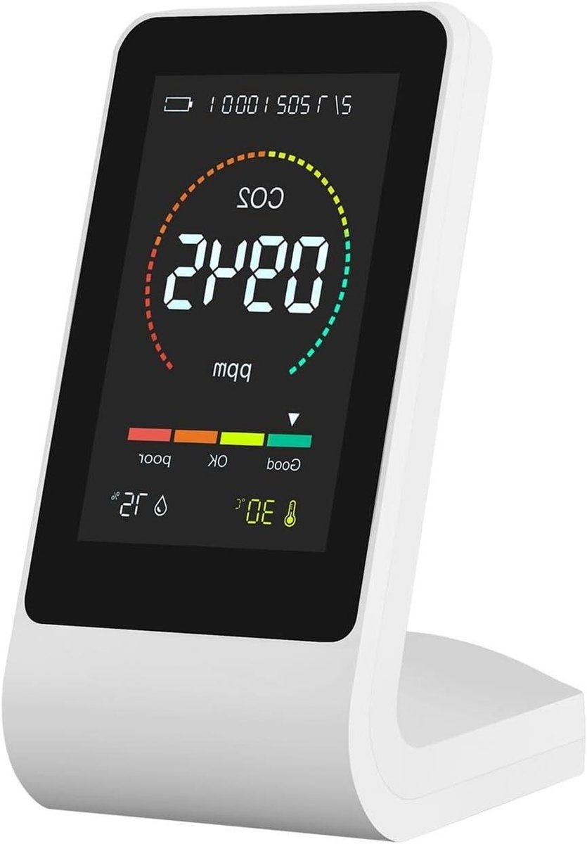 Luchtkwaliteitsmonitor - CO2-meter Vochtigheidssensor - Luchtkwaliteit Meten - Drie Metingen In Eén - 143 x 68 x 90 mm - Wit