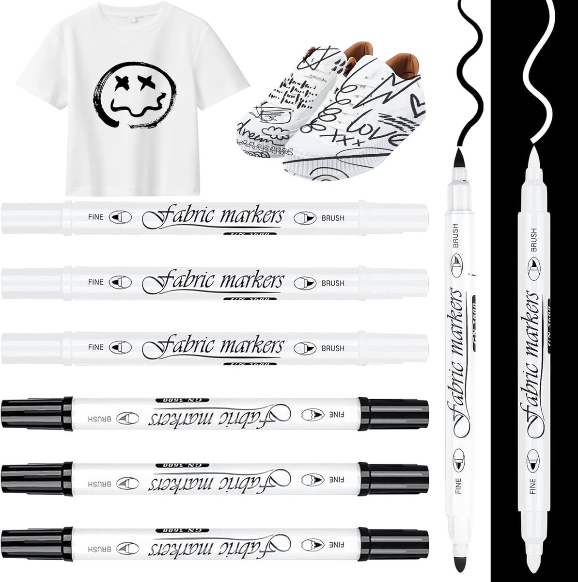 SnelShoppen - 6 Stuks Wasbare Textielmarkers Wit - Dubbelzijdige Permanent Marker voor Stof, Geschikt voor Linnen, Machinewasbaar, Ideaal voor Creatie