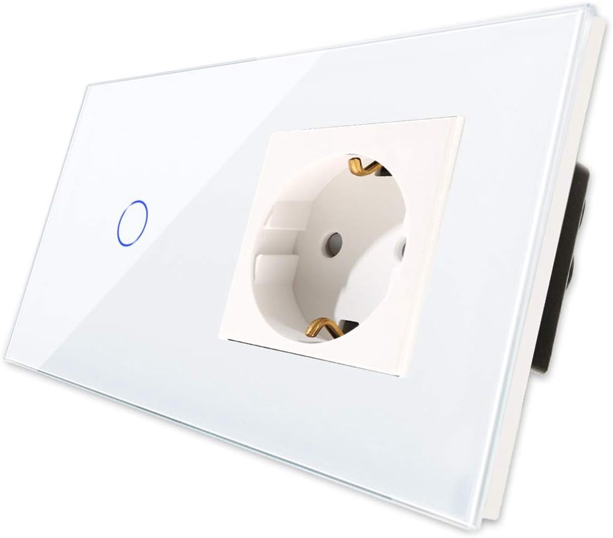 SnelShoppen - Touch Switch met Stopcontact en LED Status - Modern Glazen Paneel, 1-gang, 500W, Geen Neutraal, Wit - Perfect voor Huis en Kantoor