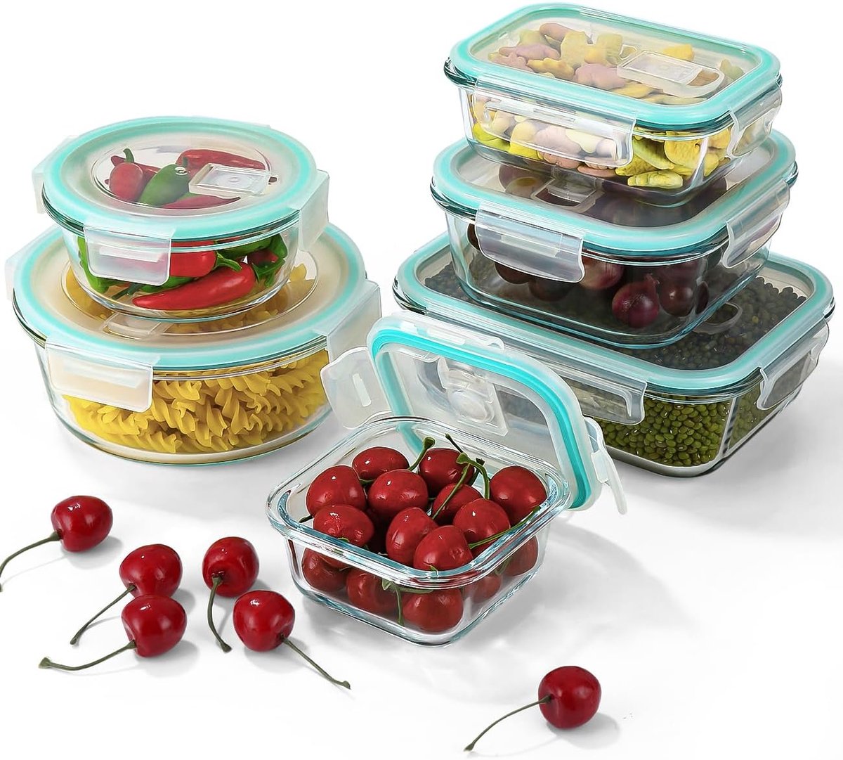 SnelShoppen - Food Storage Set van 6, Stapelbare Glazen Vierkante Opbergdozen, Sealed Storage, Multi-Size, Luchtdichte Deksel, Magnetron, Koelkast, Va