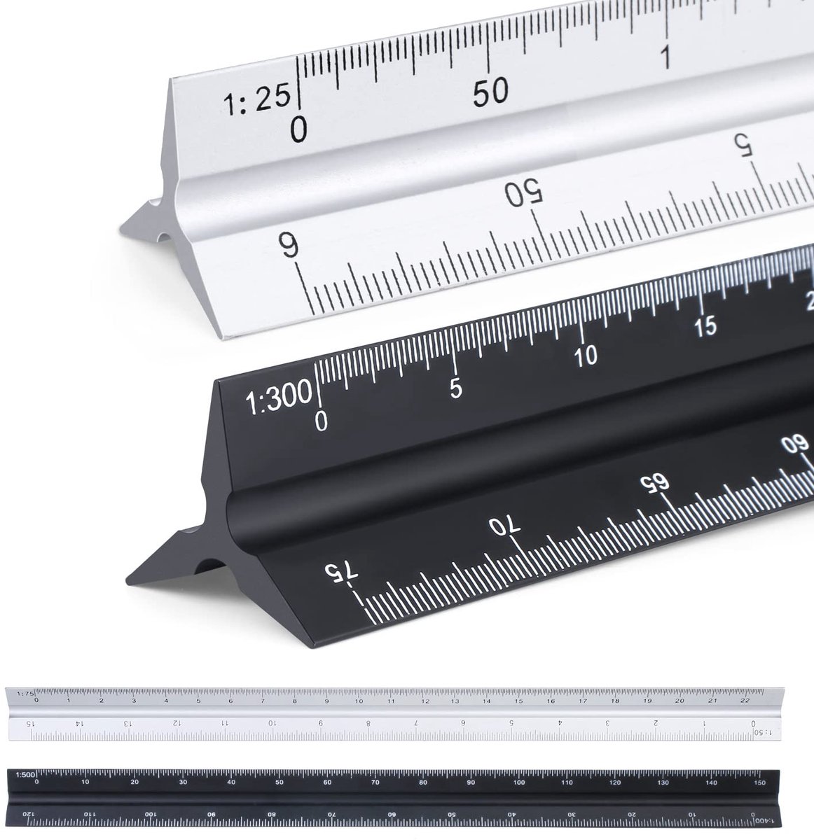 SnelShoppen - 2 Stuks Aluminium Driehoekige Meetlat 30 cm - Professionele Meetlat met Nauwkeurige Markeringen 1:20 1:25 1:50 1:75 1:100 1:150/1:100 1: