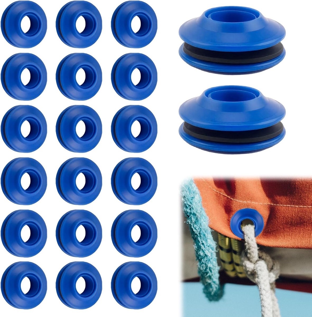 SnelShoppen - Pack van 20 blauwe kunststof oogjes voor zeilen, tarp, tenten, zonneschermen, zwembadzeilen - Duurzaam, weerbestendig en roestvrij