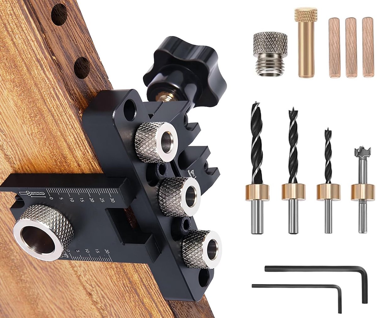SnelShoppen - 8/10/15mm Boor Jig Set, Dowel Mould met Schaal en Klem voor Meubels, 3-in-1 Houtbewerking Gereedschap, Professionele Verstelbare Boor Ji