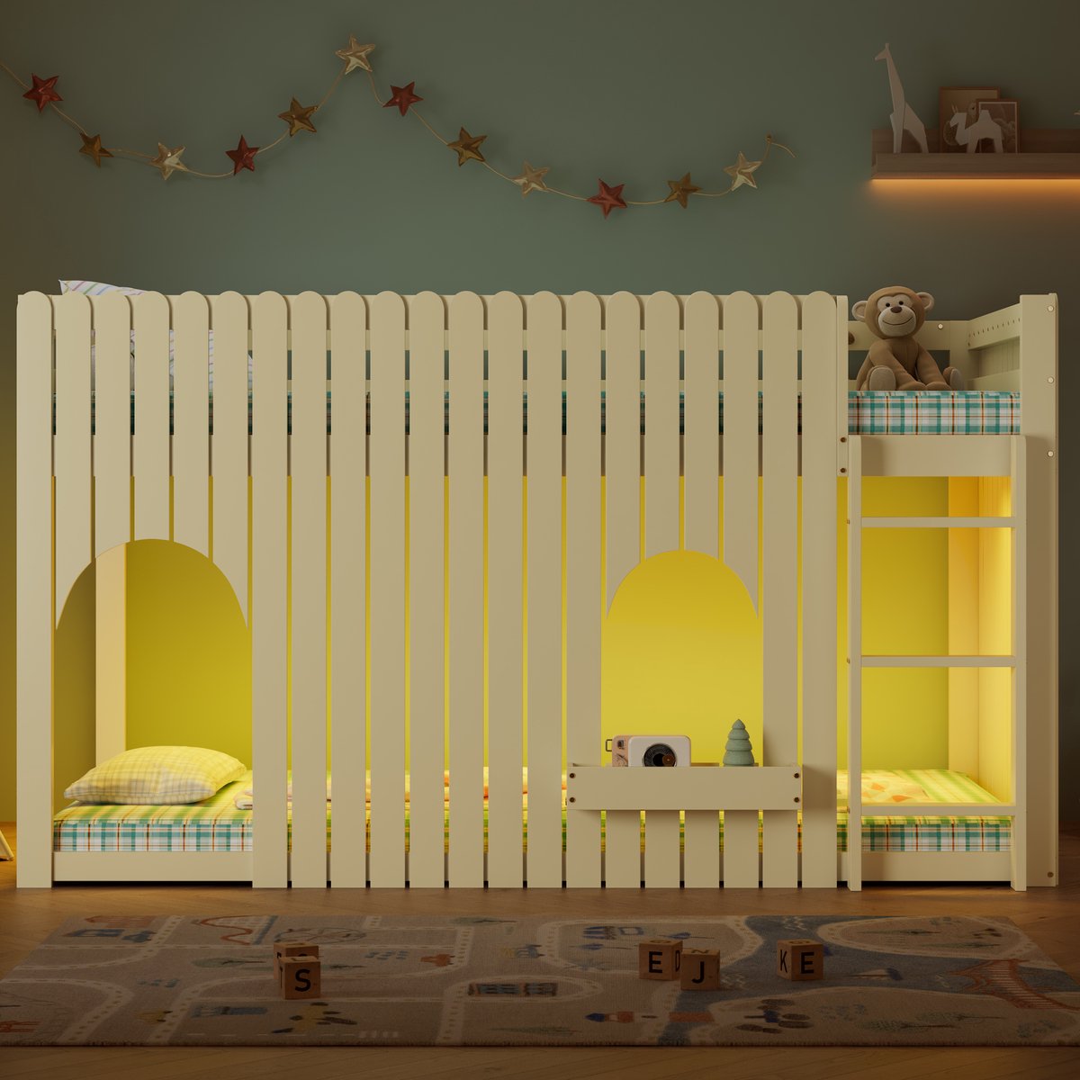 Hoogslaper 90x200 cm - Met Meerkleurige Ledverlichting en Opbergvak - Zonder Matras - Met Rechte Ladder voor Kinderkamer - Hout en MDF - Naturel