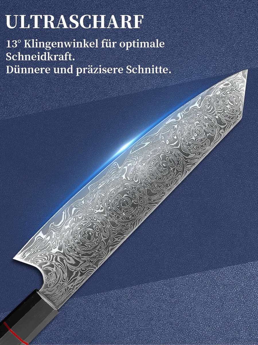 SnelShoppen - Japanse Kiritsuke Damascus Koksmes 20cm - Professioneel Keukenmes - Zwart Houten Handvat - Groenten Snijden - Rvs Damast Staal