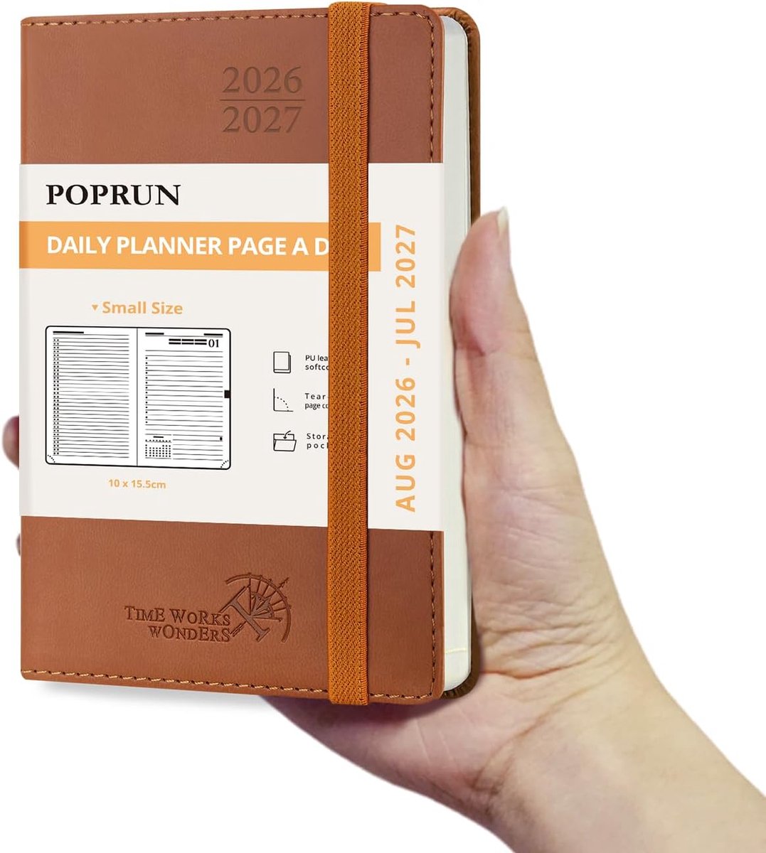 SnelShoppen - Agenda Pocket 2026 2027 Daily Planner 16 x 10.5 cm, Compact A6 Planner met PU Leren Cover, 1 Pagina per Dag, Bruin, Ideaal voor Organisa