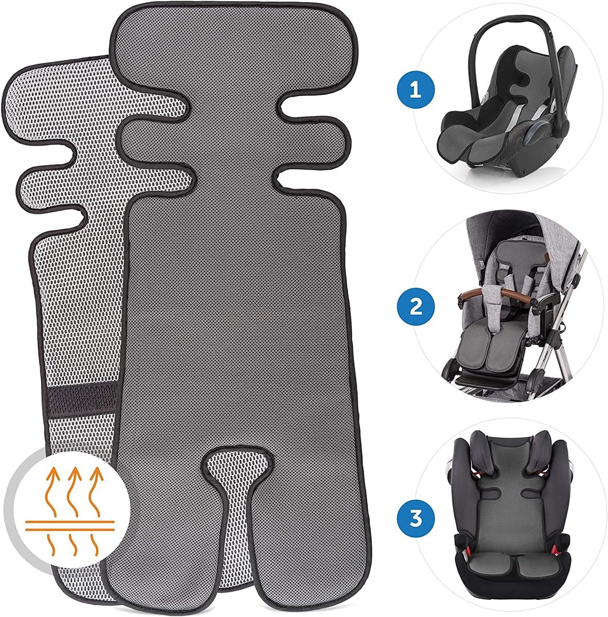 Thijox - Zamboo Autostoel Inleg Comfort - Universeel Wandelwagenkussen - Ademend 3D-Luchtlaag - Grijs - Geschikt voor Kinderwagen, Buggy en Autostoelt