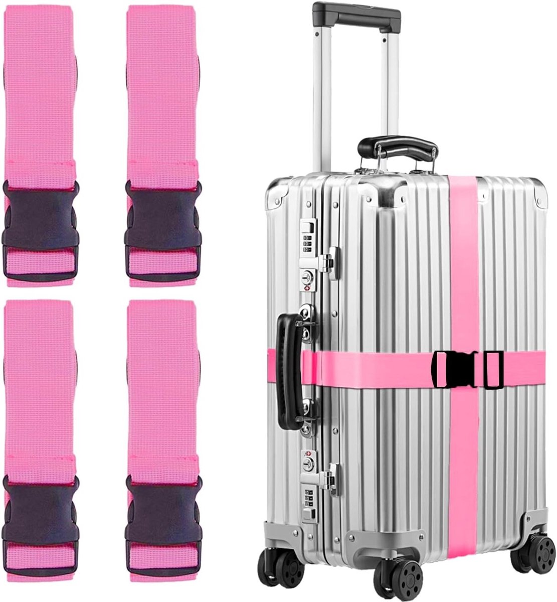 Versterkte en Verstelbare Bagagestraps Set van 4 Stuks voor Koffers - Dikke, Duurzame Reisriemen in Roze voor Extra Beveiliging en Comfort