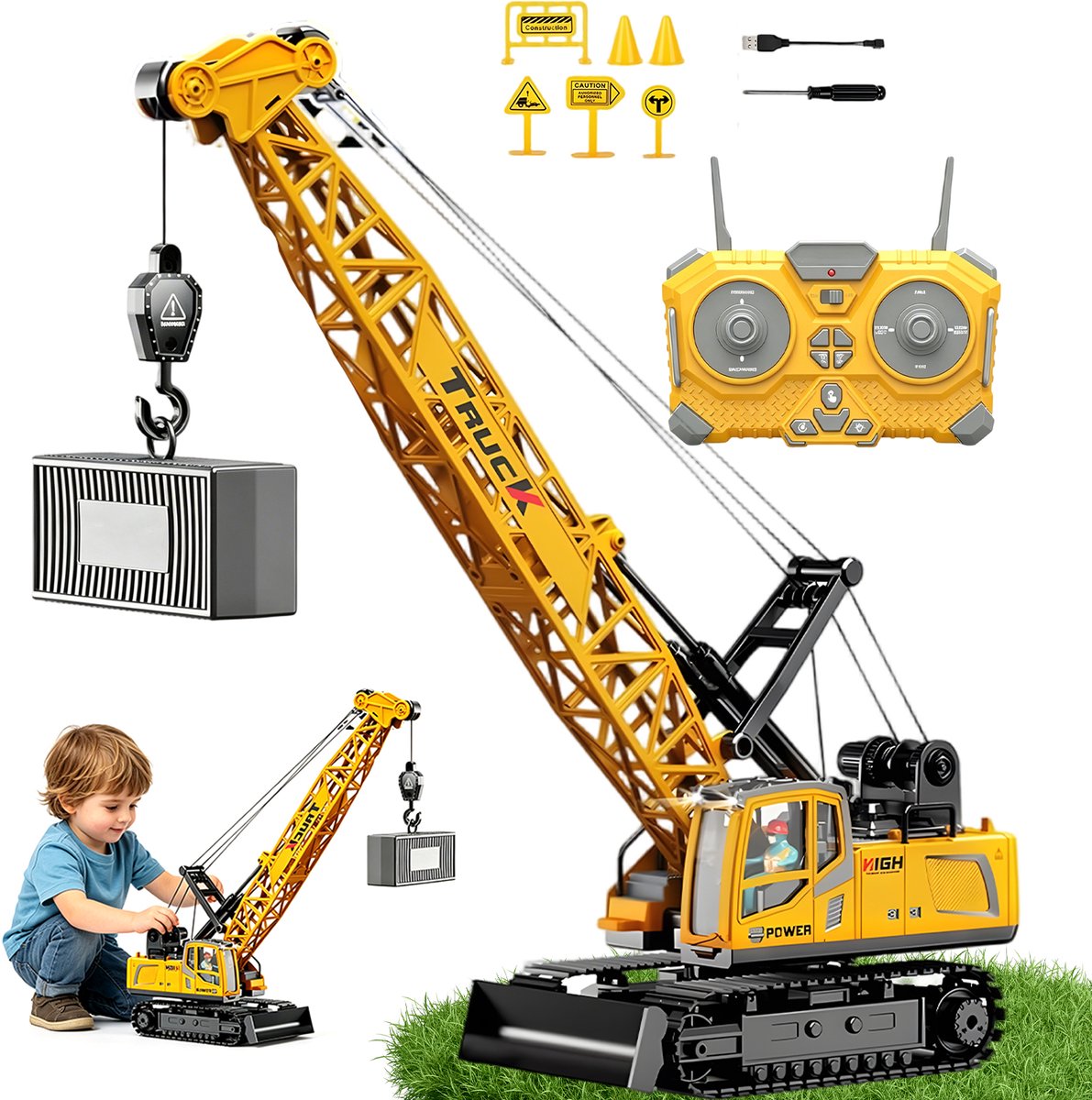 RC Graafmachine Speelgoed - 1:16 Bouwkraan - 13 Kanalen - 680° Draaibaar - Verlichting en Geluid - 2 Accu's - Tractor Buitenspeelgoed - Voor Jongens & Meisje - Cadeau