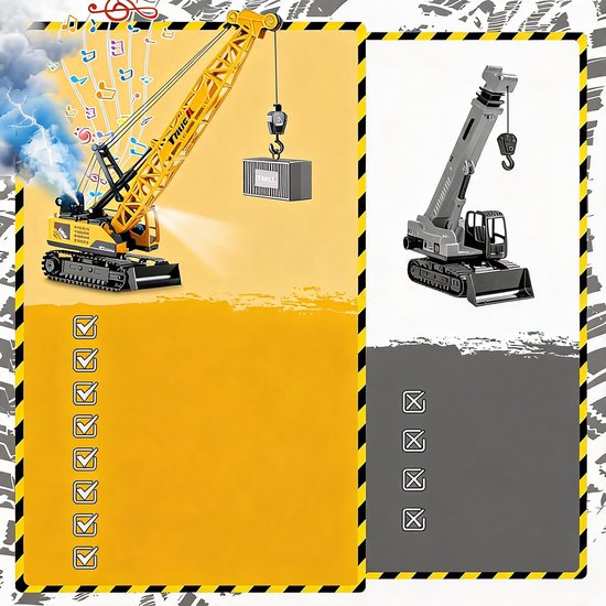 Gele bouwkraan met grijze container. Rechts een grijze graafmachine. Beide zonder omgeving. Links een checklist.