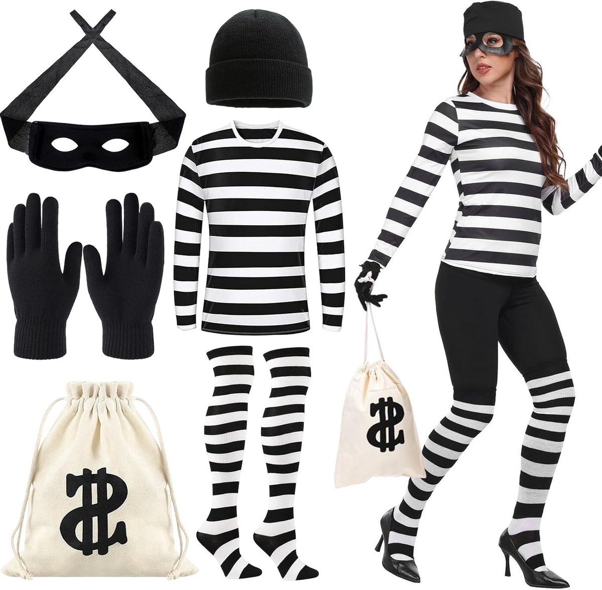 Dames kostuum voor een dief met hoed, shirt, masker, handschoenen en tas - Perfect voor carnaval en verkleedfeestjes