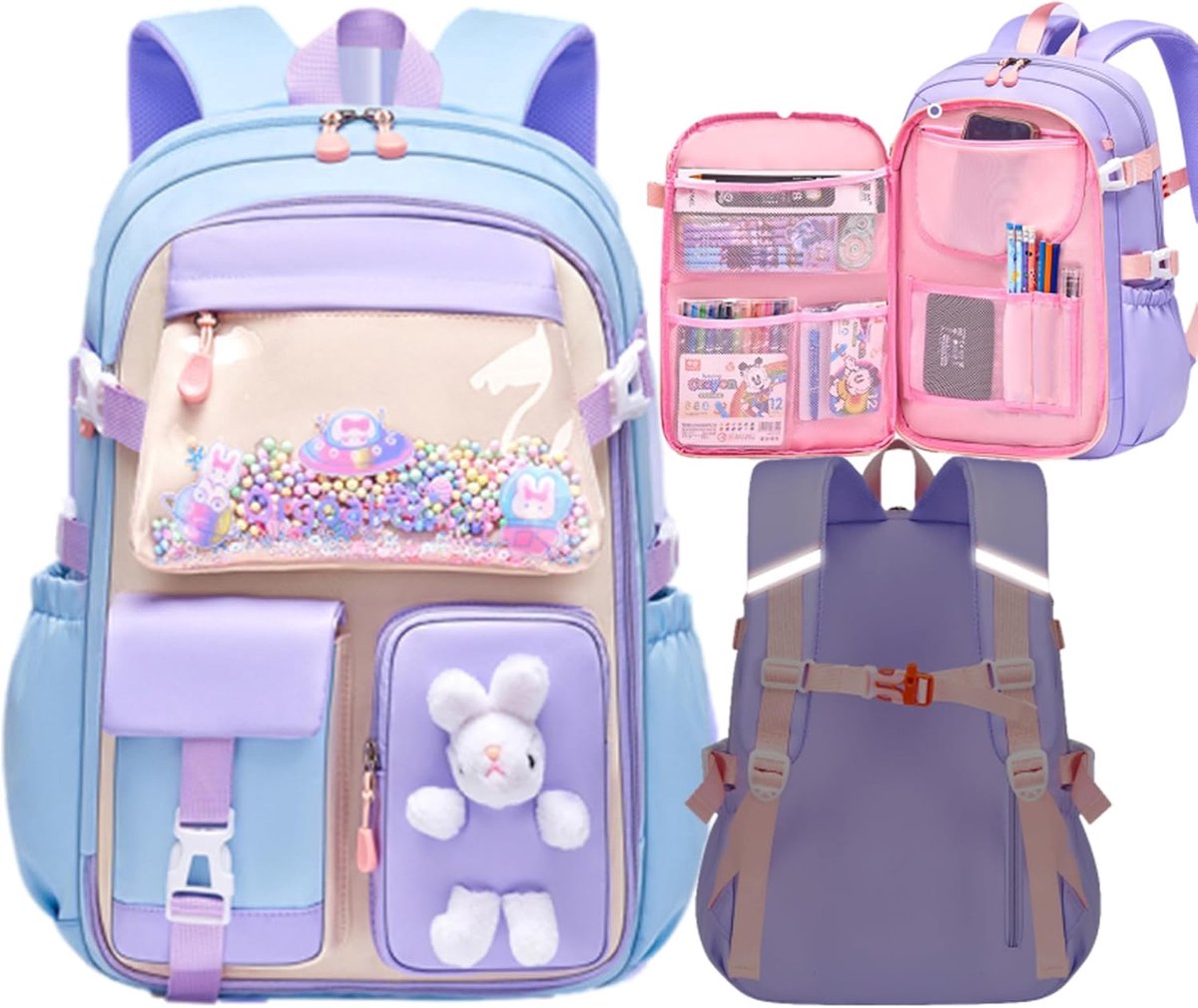 VHV - Schooltas - Rugzak meisje - Schooltas meisje - Konijn rugzak - Pluche rugzak - Grote capaciteit - Kawaii design - Zacht materiaal - Voor basisschool en kinderen - 45*17*32cm - Blauw