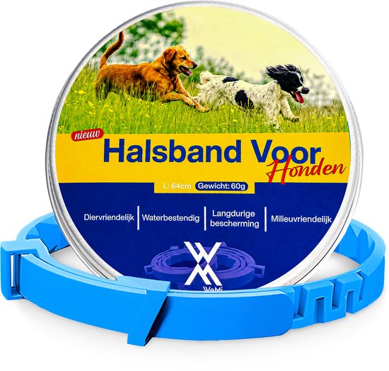 Blauwe hondenhalsband met een rond blikje met twee rennende honden.