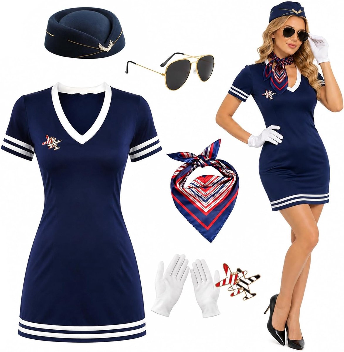 Vrouwelijk Stewardess Kostuum Set met 6 Accessoires, Inclusief Jurk, Hoed, Sjaal, Zonnebril, Broche en Handschoenen voor Halloween en Cosplay