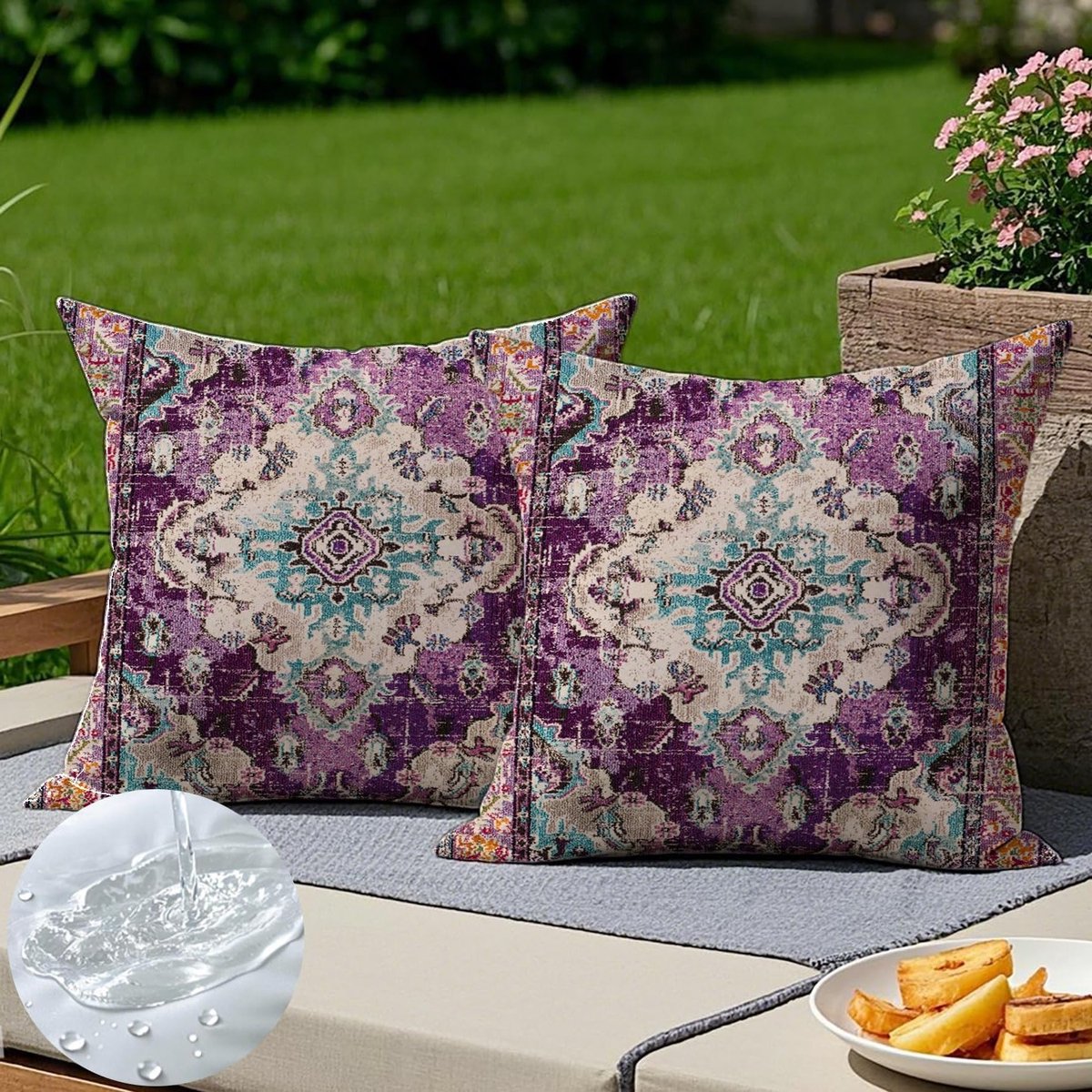 Set van 2 Weerbestendige Tuinkussens, 45 x 45 cm, Paarse Boho Decoratie voor Sofa, Tuin en Slaapkamer, Vintage Kussenhoezen