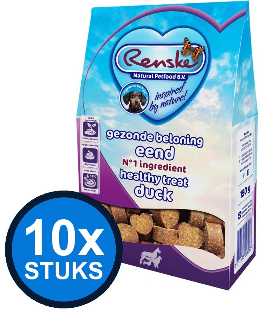 10x Renske - Gezonde beloning hartjes hond eend 150gr - Hondenvoer Snacks - 150 g