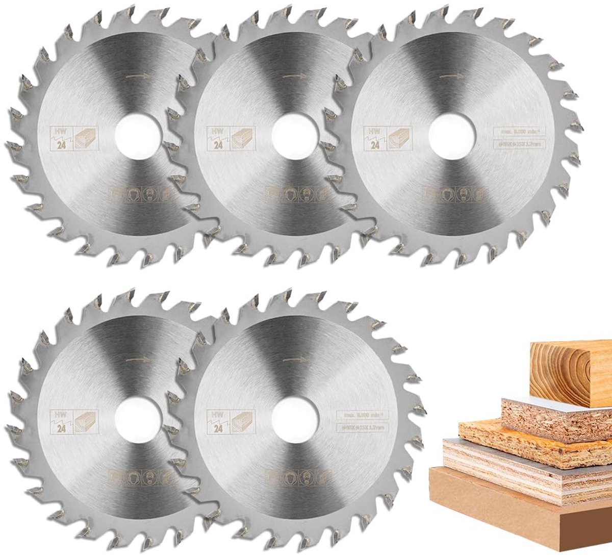 SnelShoppen - 5x Cirkelzaagblad 85 mm - 24 Tanden Houtzaagblad voor Handcirkelzaag - Geschikt voor Hardhout, Zacht Hout, MDF en Kunststof