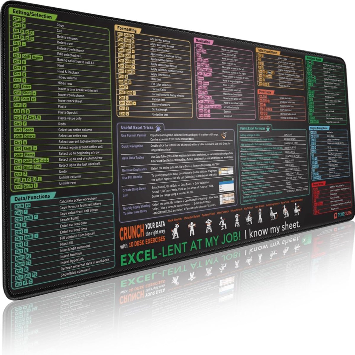SnelShoppen - Pixiecube XXL Gaming Mouse Pad - Extended Large 900x400mm - Non-slip Stitched Edge - Cheat Sheet Spreadsheet Shortcuts - Perfect voor PC