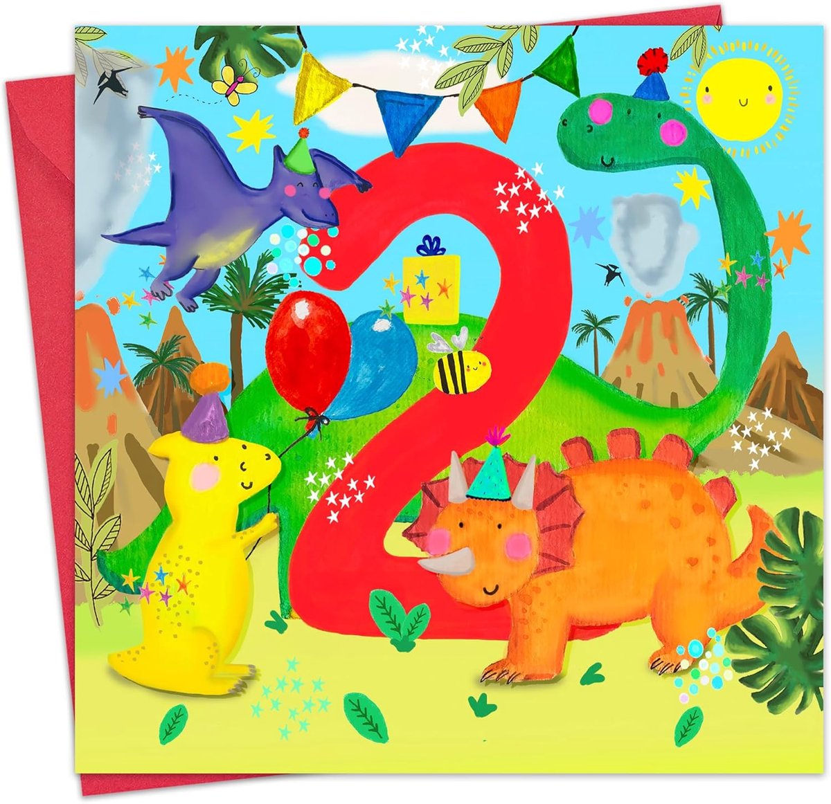 SnelShoppen - Verjaardagskaart voor Jongens - Dino's - 2e Verjaardag - Kinderen - Professioneel Gedrukt - 15.5x15.5 cm - Hoogwaardige Kaart voor Zoon