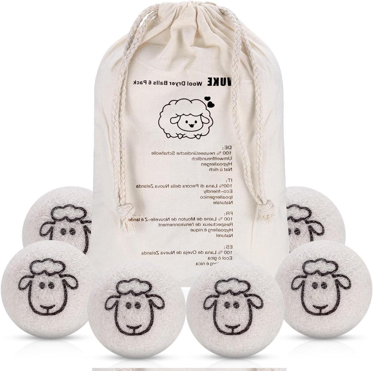 Drogerballen van 7 cm van 100% pure schapenwol, natuurlijke wasverzachter, antistatisch en droogtijd verkort met opbergtas, set van 6 stuks