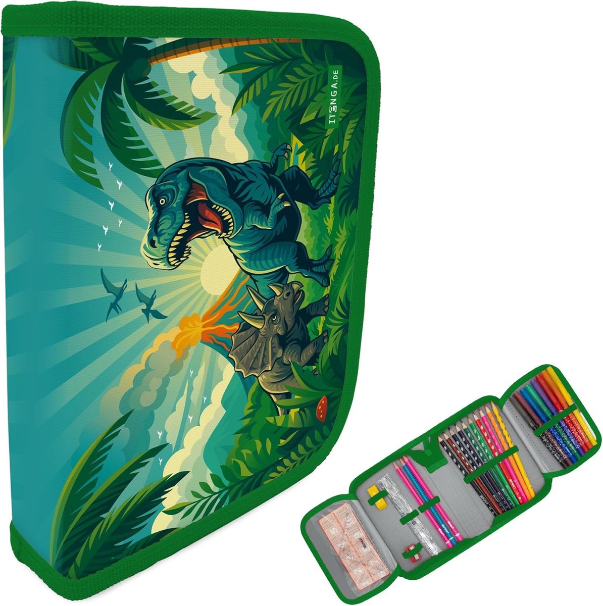 SnelShoppen - itenga Pennenetui voor jongens, 28-delig gevuld schooletui met rits, pennen, liniaal, gum en accessoires, Motief Dinosaurus Dino World,