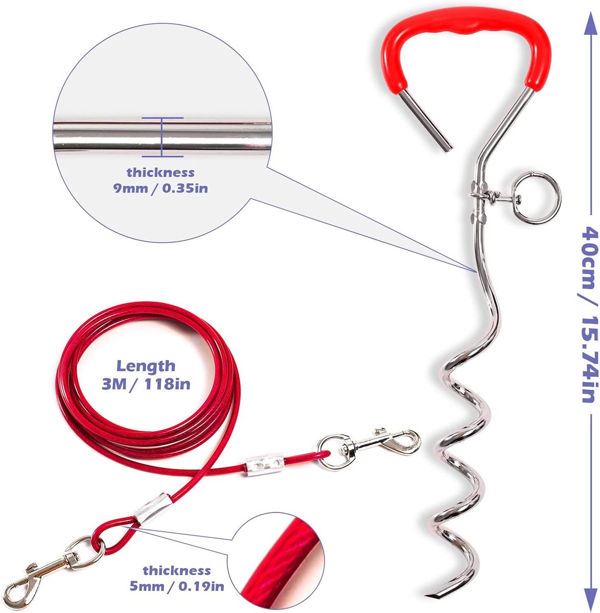 SnelShoppen - Rode Spiral Anchor 40 cm met 5 mm x 3 m Stalen Kabel Grondanker voor Honden, 80 kg Trekvermogen, Perfect voor Camping, Tuin en Reisacces
