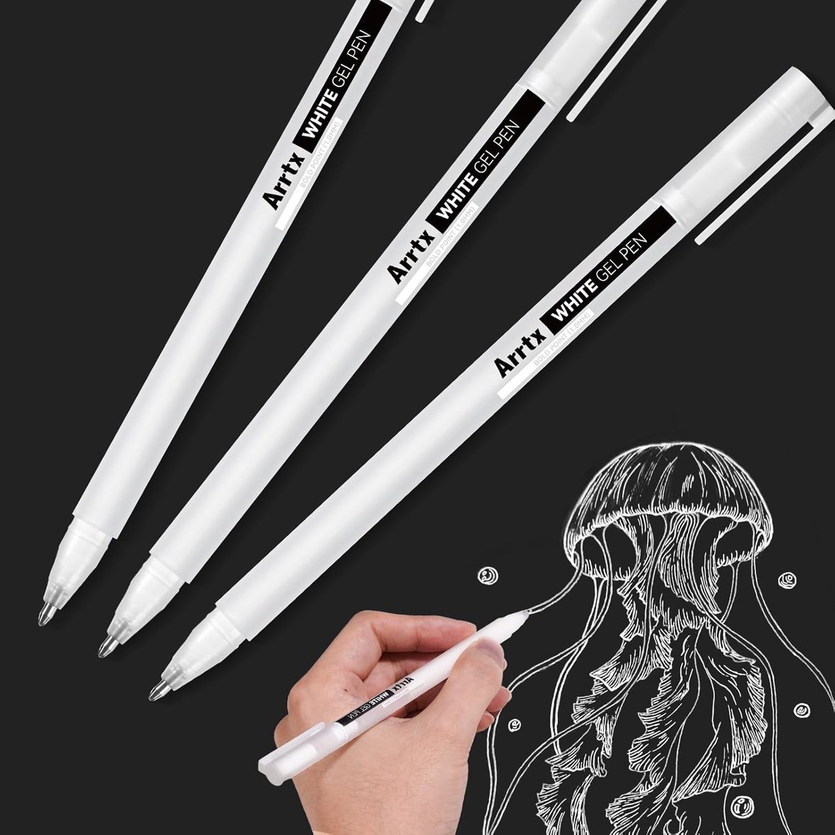 SnelShoppen - Arrtx Gelpennen Wit voor Tekenen - 3 Stuks - 1 mm Witte Gelpen voor Highlights - Fineliner voor Donker Papier - Ideaal voor Kunstenaars