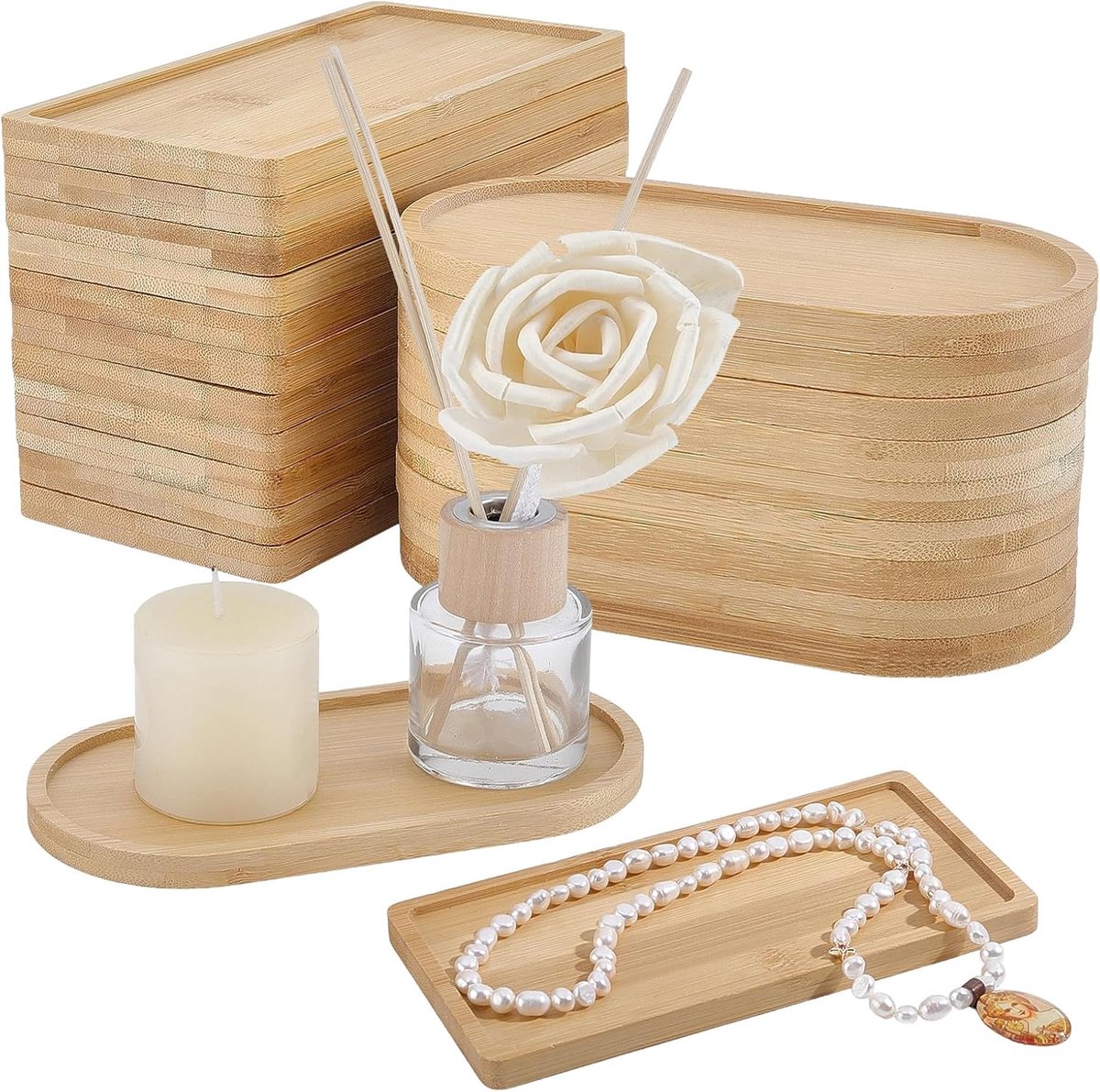 SnelShoppen - 24 Stuks Kleine Bamboe Dienbladen - 17,5 x 8,8 x 1 cm Mini Bamboe Display Trays - Natuurlijke Ovale en Rechthoekige Dienbladen voor Badk