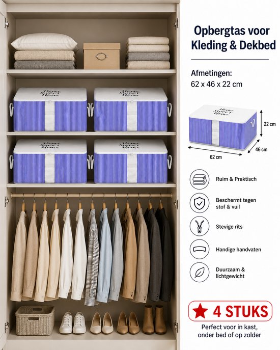Twee blauw-wit gestreepte opbergzakken met 'Home Sweet Home' opdruk in een open kast, met kleding op hangers.
