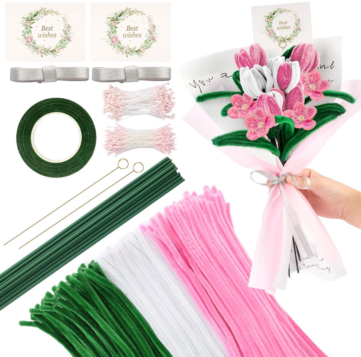 SnelShoppen - Set van 300 Pijpenreinigers in Roze, Wit en Groen voor Creatieve Knutselprojecten, Bloemenboeketten en Decoraties - Inclusief Stelen, Ca