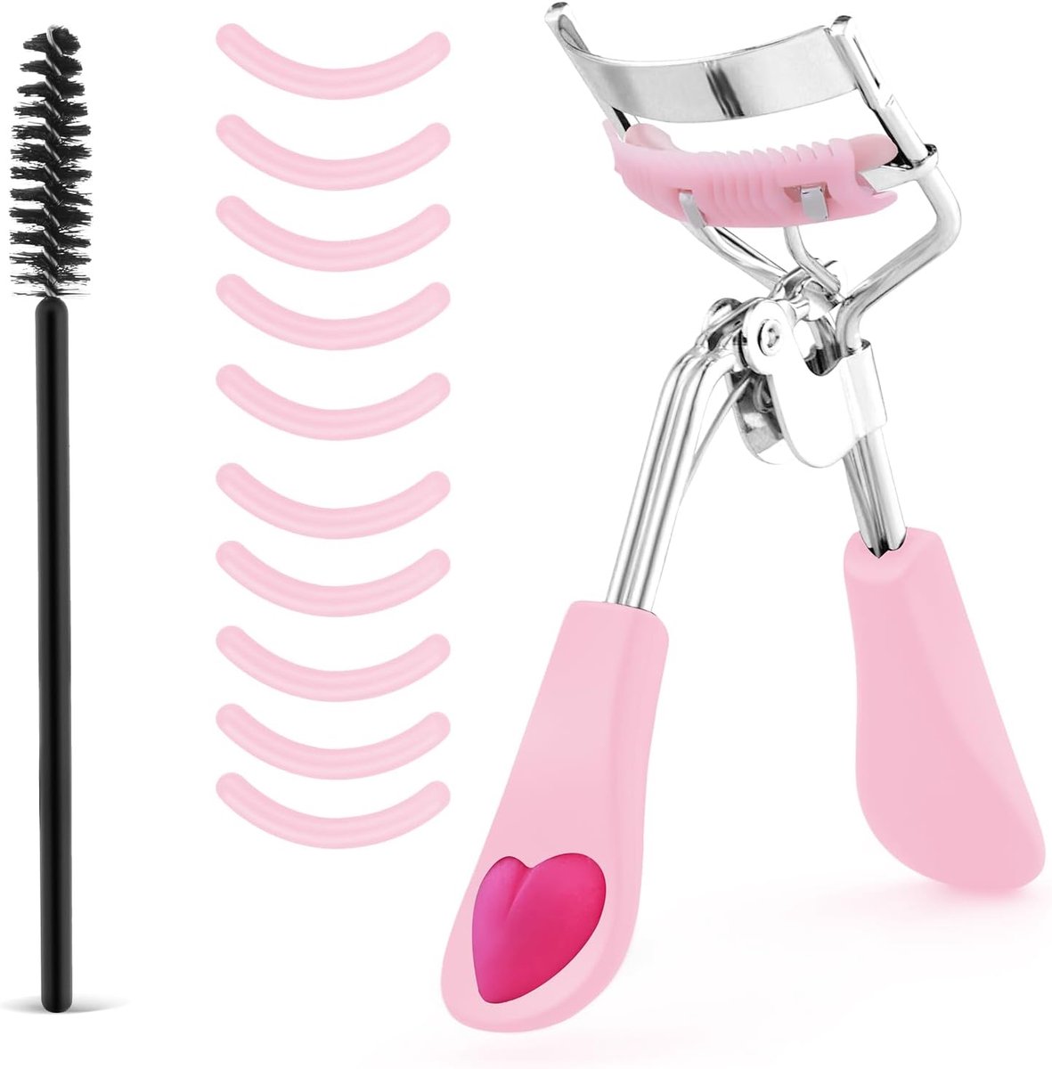 Thijox - Professionele Wimperkrultang Set met Geïntegreerde Kam en 10 Navulpads - Metalen Wimperkrultang voor Dramatisch Gebogen Wimpers - Roze, Zwart