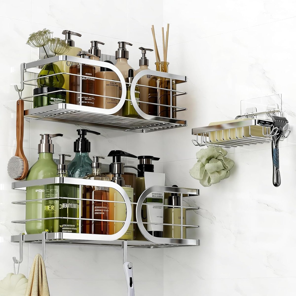 SnelShoppen - Doucheplank zonder Boren 3 Stuks Zelfklevende Badkamer Organizer met Zeep Houder 304 RVS Groot met 5 Haakjes Douche Rek Shampoo Houder v