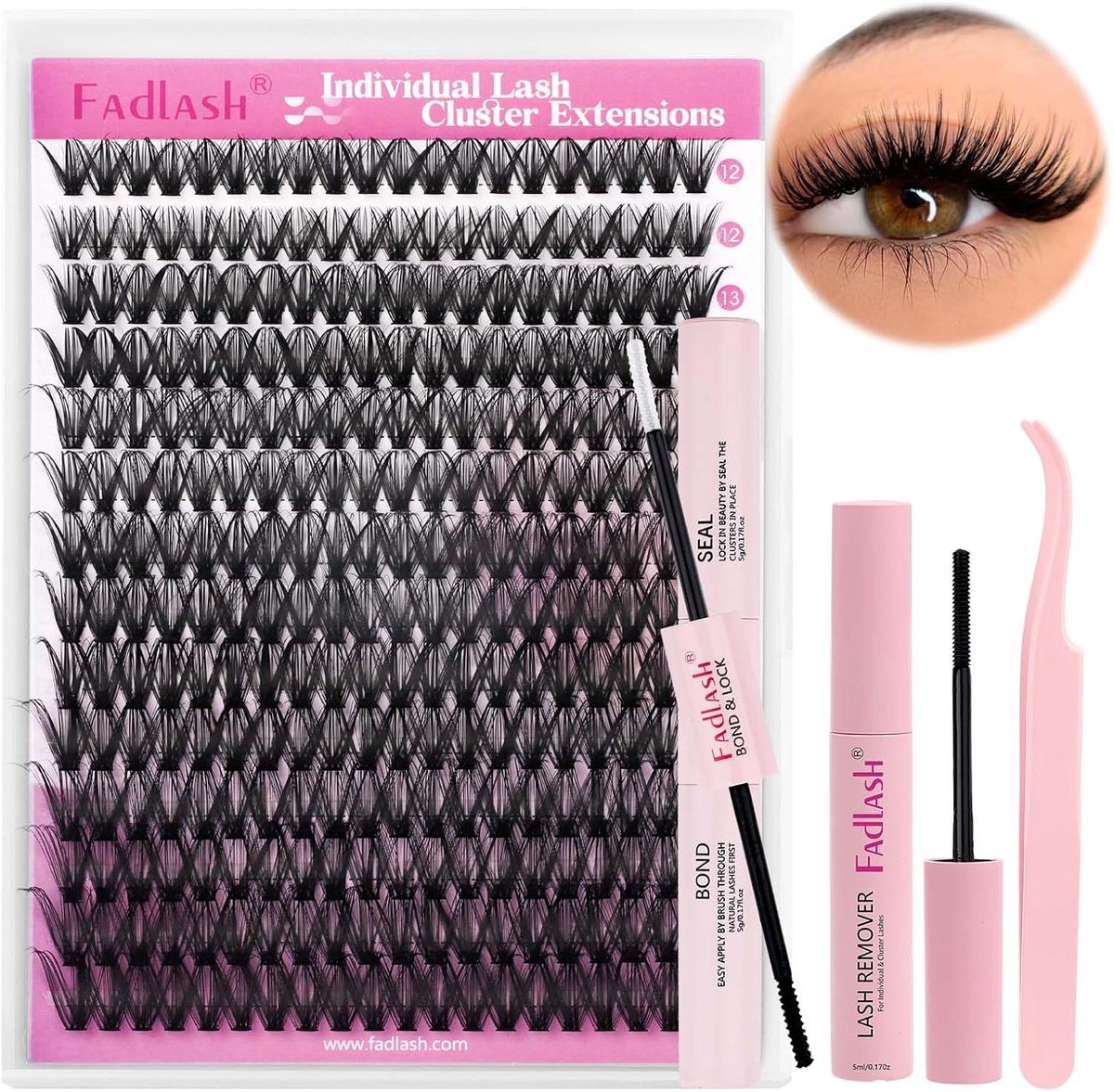 SnelShoppen - DIY Wimperextensions Kit - Cluster Wimperextensions met Eyelash Glue, Remover en Tweezers - 40D-0.07D - D Curl - 240 Wimpers 12-18 mm -