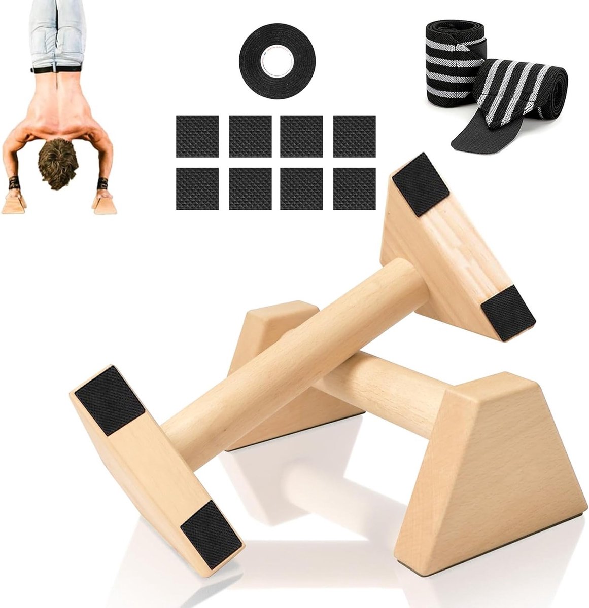 Houten Push Up Handgrepen, 2 Stuks, Ideaal voor Calisthenics, Fitness en Spiertraining met Tape en Polsbanden