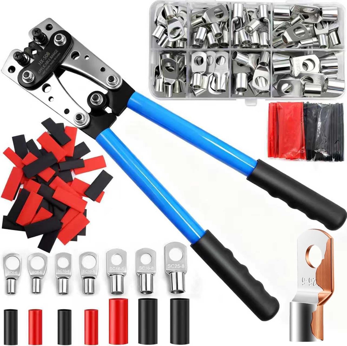 SnelShoppen - Crimper Cable Lugs AWG Wire Crimper met 100 crimp slangen en 60 koperen aansluitingen, veelzijdige kabelklem gereedschap voor kabels van