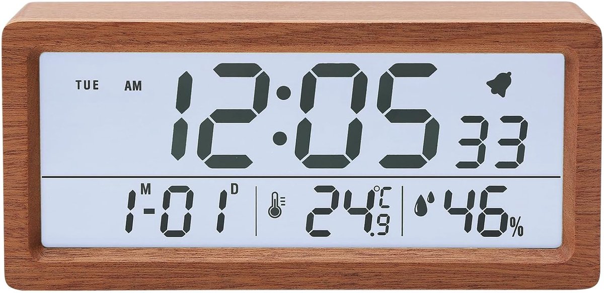 SnelShoppen - Digitale Alarmklok Hout met Groot LCD Scherm, Tafelklok Digitale met Temperatuur en Vochtigheid Weergave en Nachtlampje, Batterijgevoede