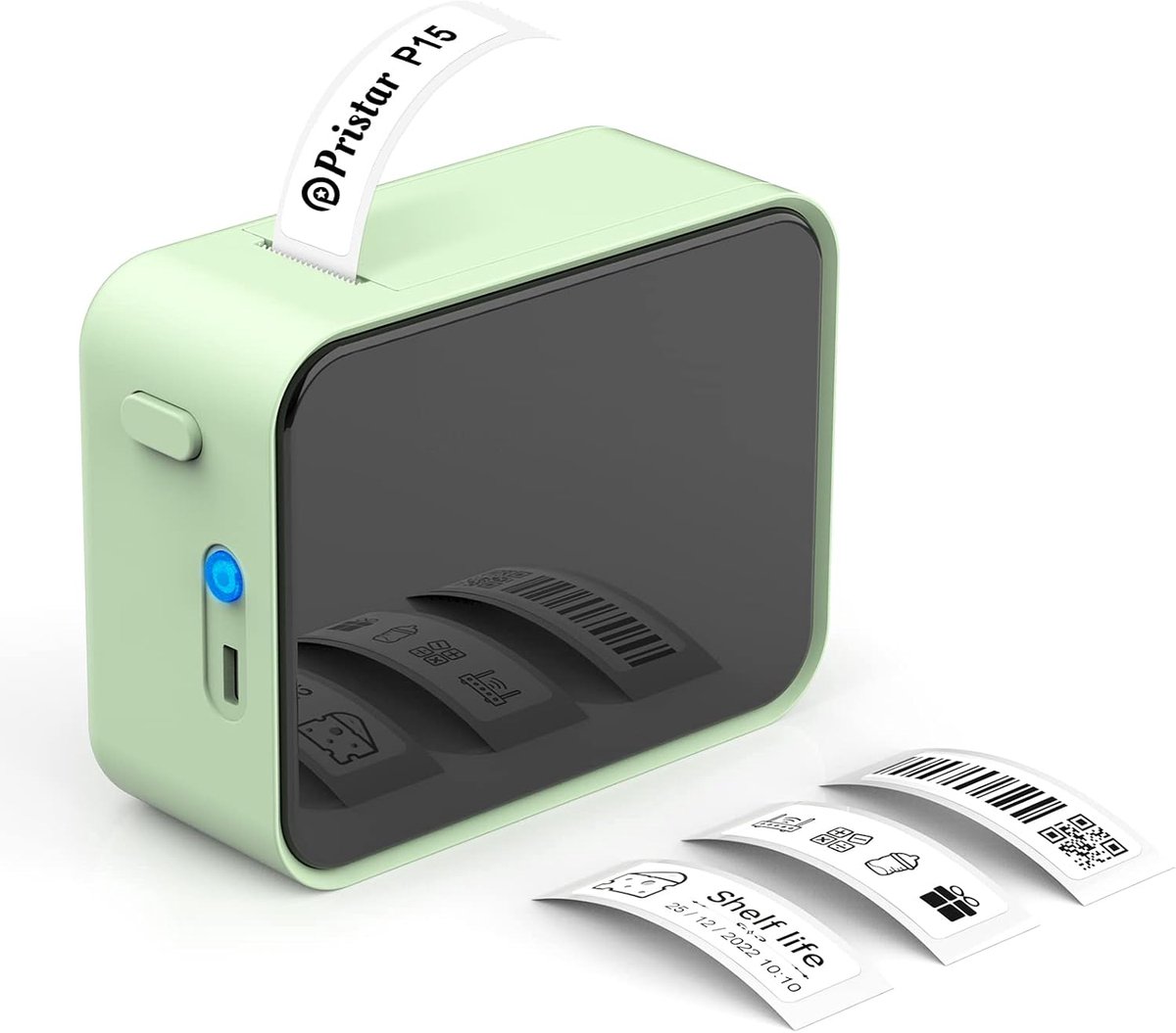 SnelShoppen - Bluetooth Label Printer P15 Mini, Thermische Zelfklevende Etikettenprinter, App Verbinding, Geschikt voor iOS en Android, Groen voor Thu