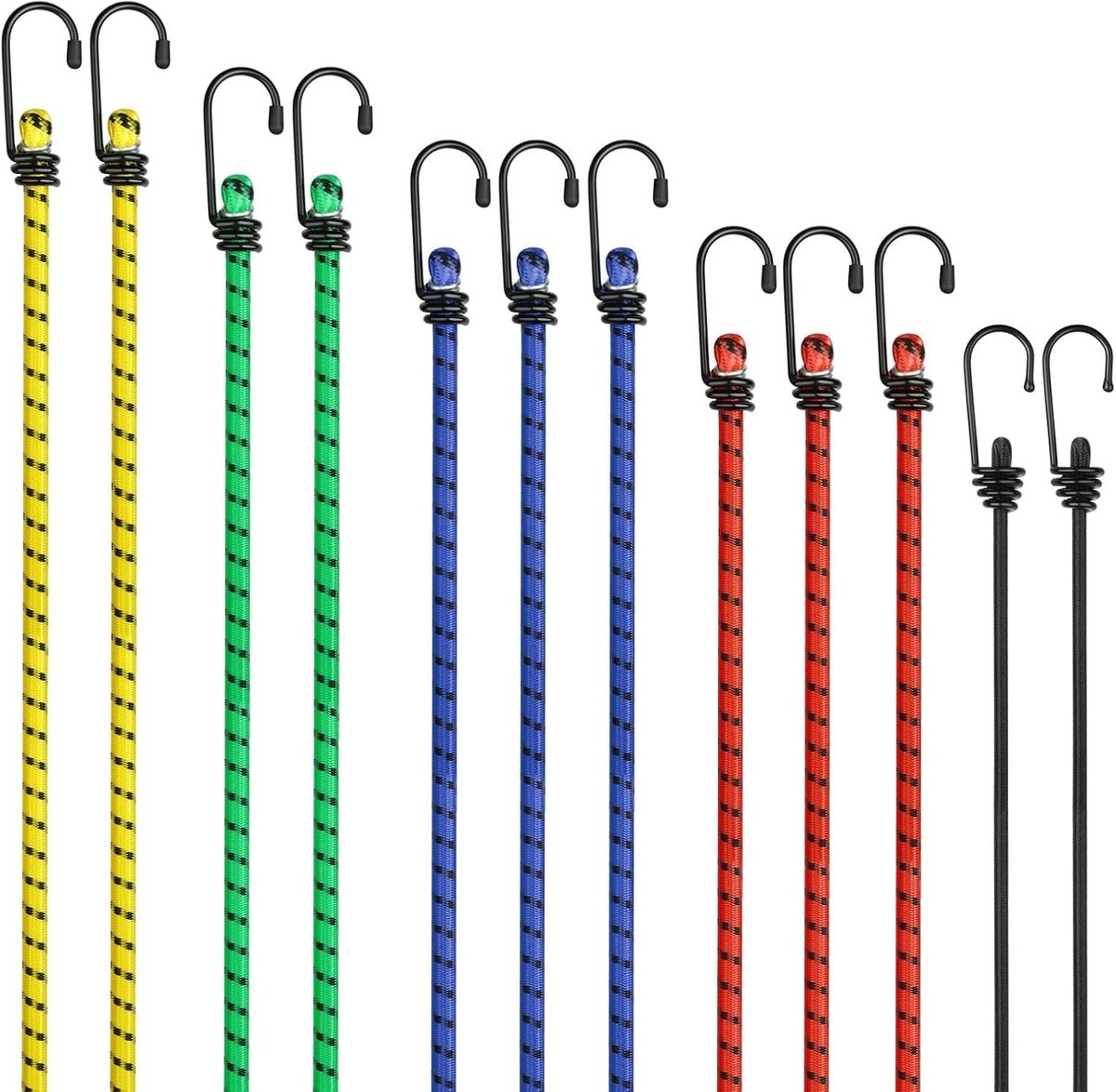 SnelShoppen - Bungee Koorden met Haken, 12 Stuks Robuuste Elastische Bungee Linten, Weerbestendig en UV-Bestendig, Diverse Maten Bungee voor Beveilige