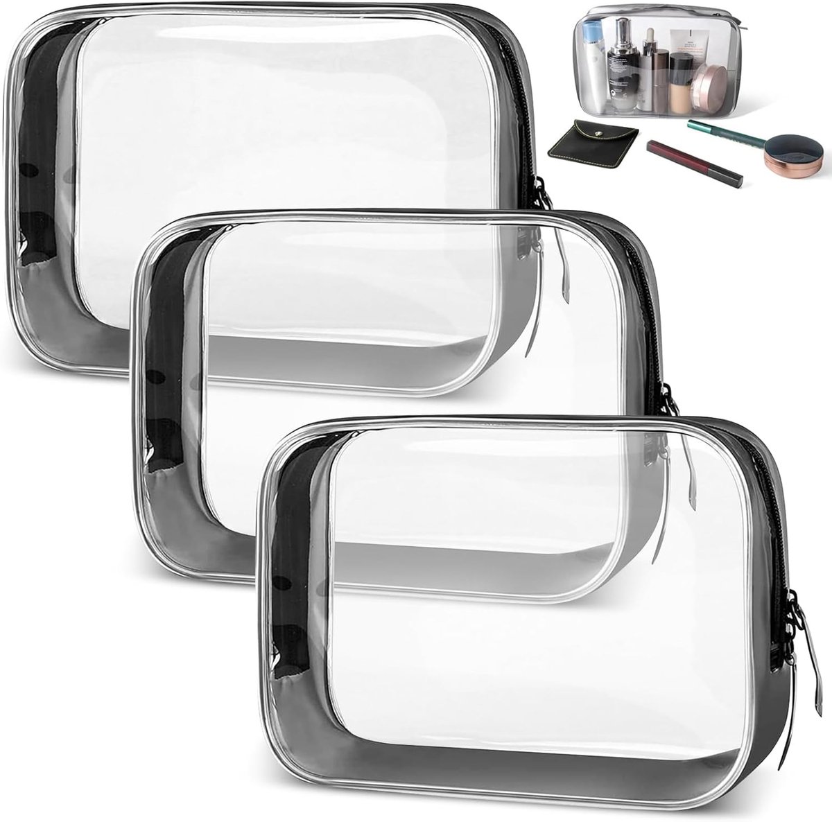 SnelShoppen - Toiletry Bag Set van 3 Transparante Cosmetic Bags, PVC, TSA Goedgekeurd, Ideaal voor Reizen, Handbagage, Duidelijke Toilettas voor Vloei