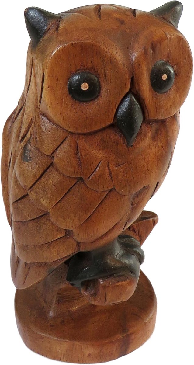 SnelShoppen - Uil op tak, Fair Trade houten beeldjes 18 cm hoog, handgemaakt, unieke decoratie voor woonkamer, tuin, kinderkamer, cadeau-idee